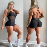 Butt Scrunch Texture Wave Black Mash Shorts Jumpsuit – Tummy Control & Booty Lifting Romper
